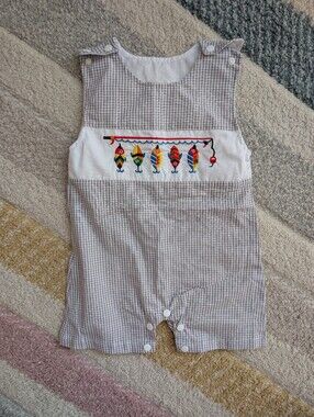 3-6 Month Baby Boy Embroidered Fishing Gingham Fish Baby Romper Shortalls